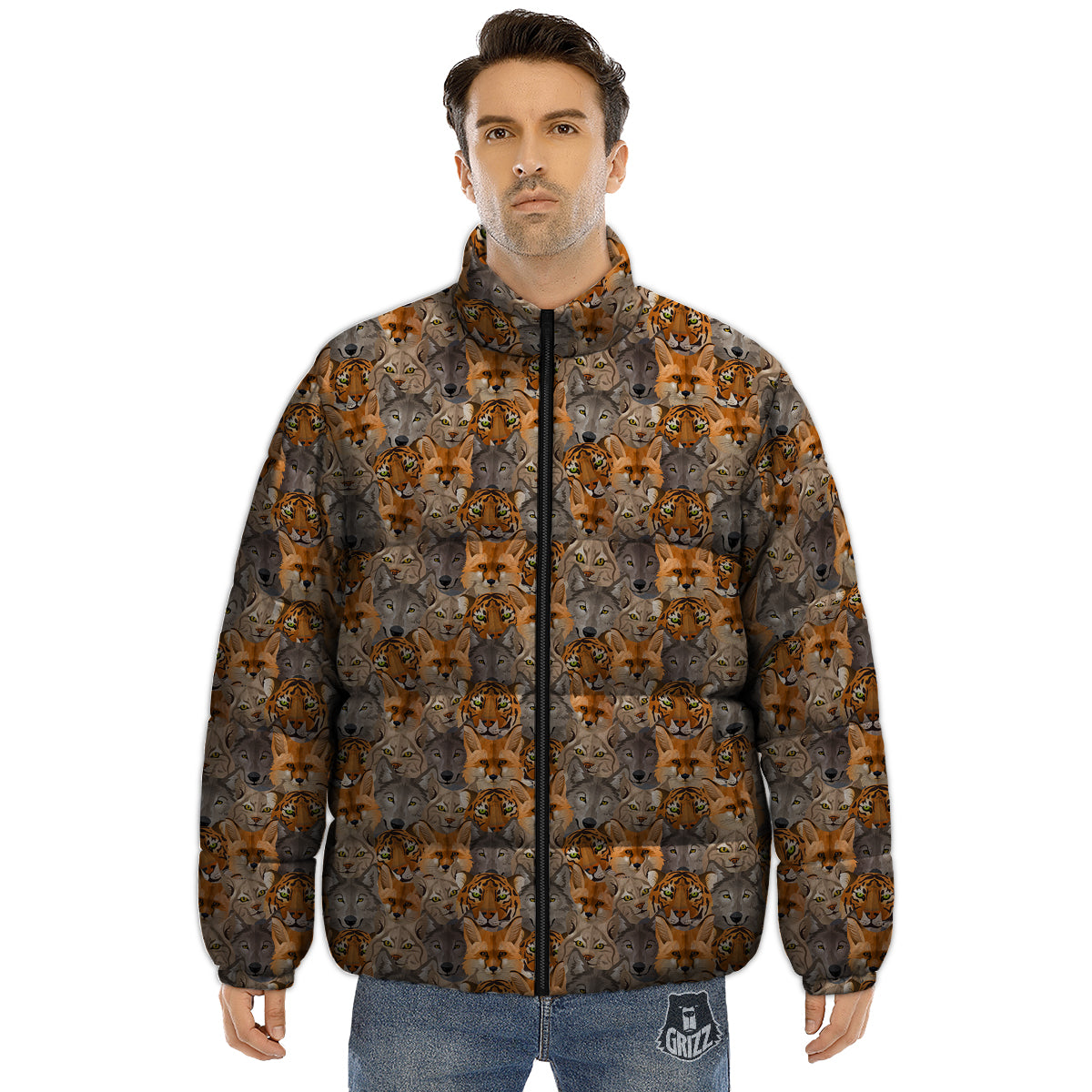 Brown And Orange Wild Animals Print Pattern Puffer Jacket-grizzshop