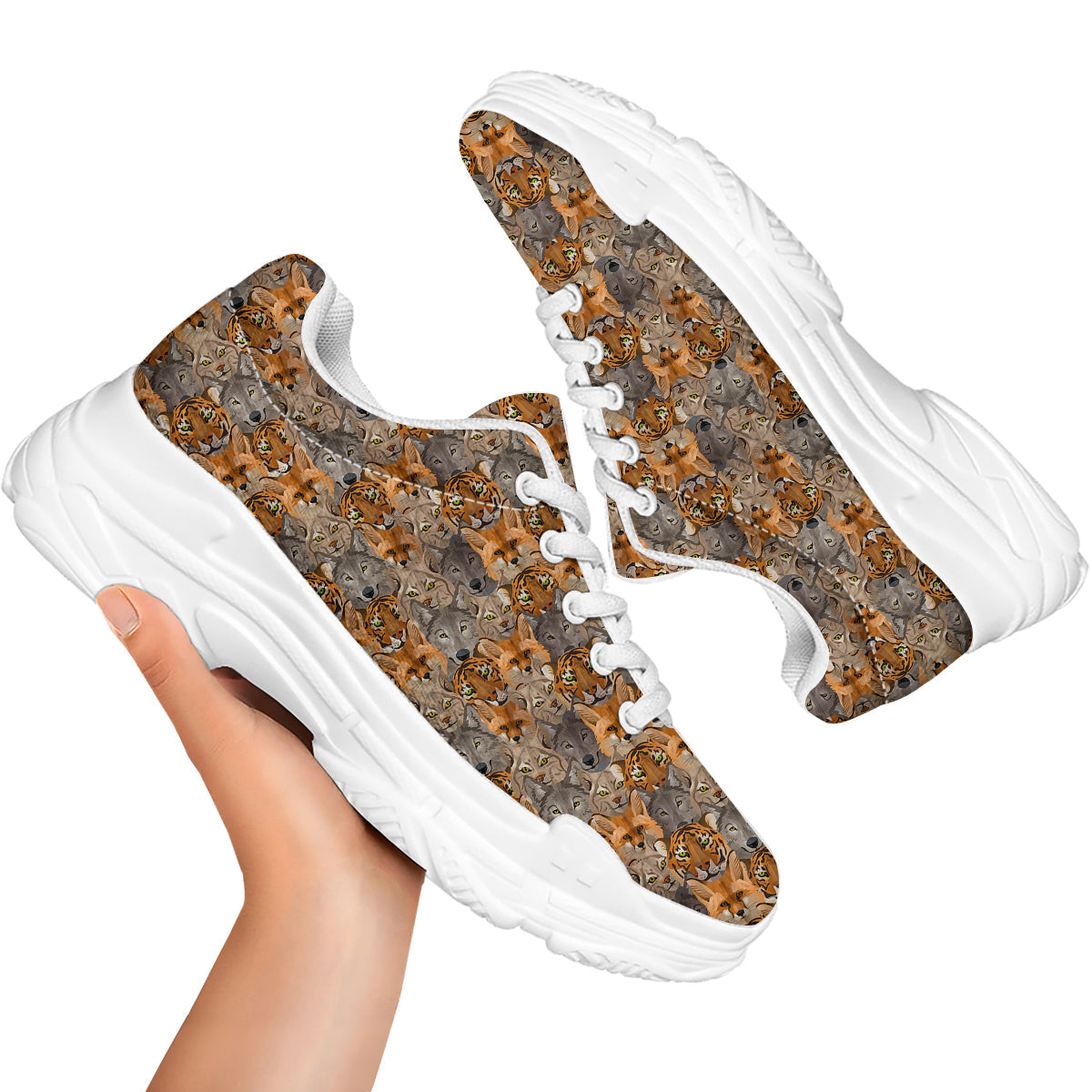Brown And Orange Wild Animals Print Pattern White Chunky Shoes-grizzshop