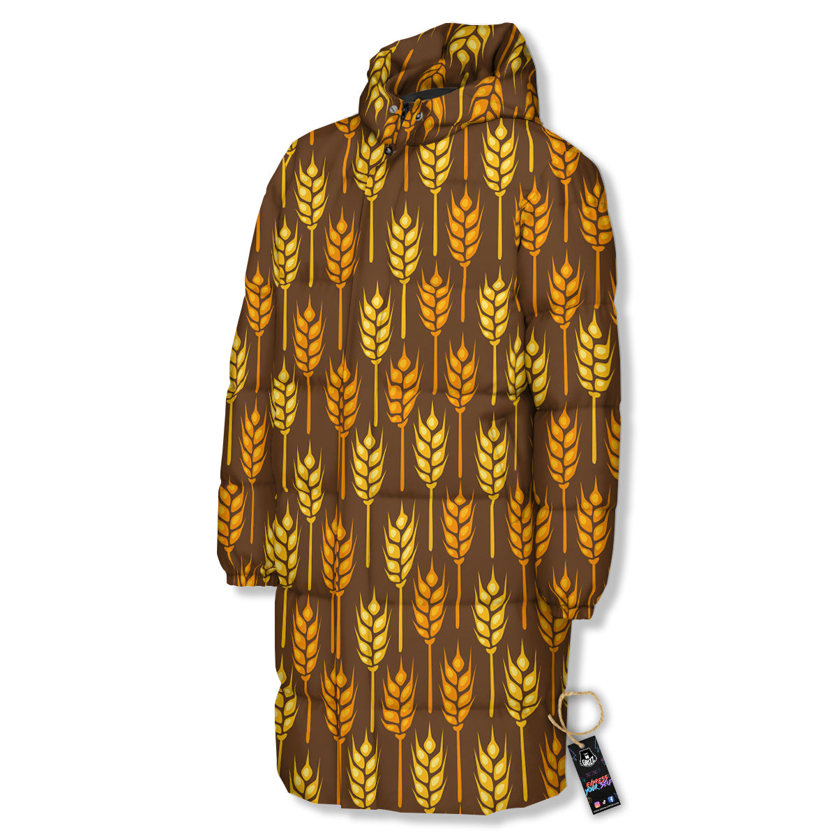 Brown And Yellow Wheat Print Pattern Long Down Jacket-grizzshop