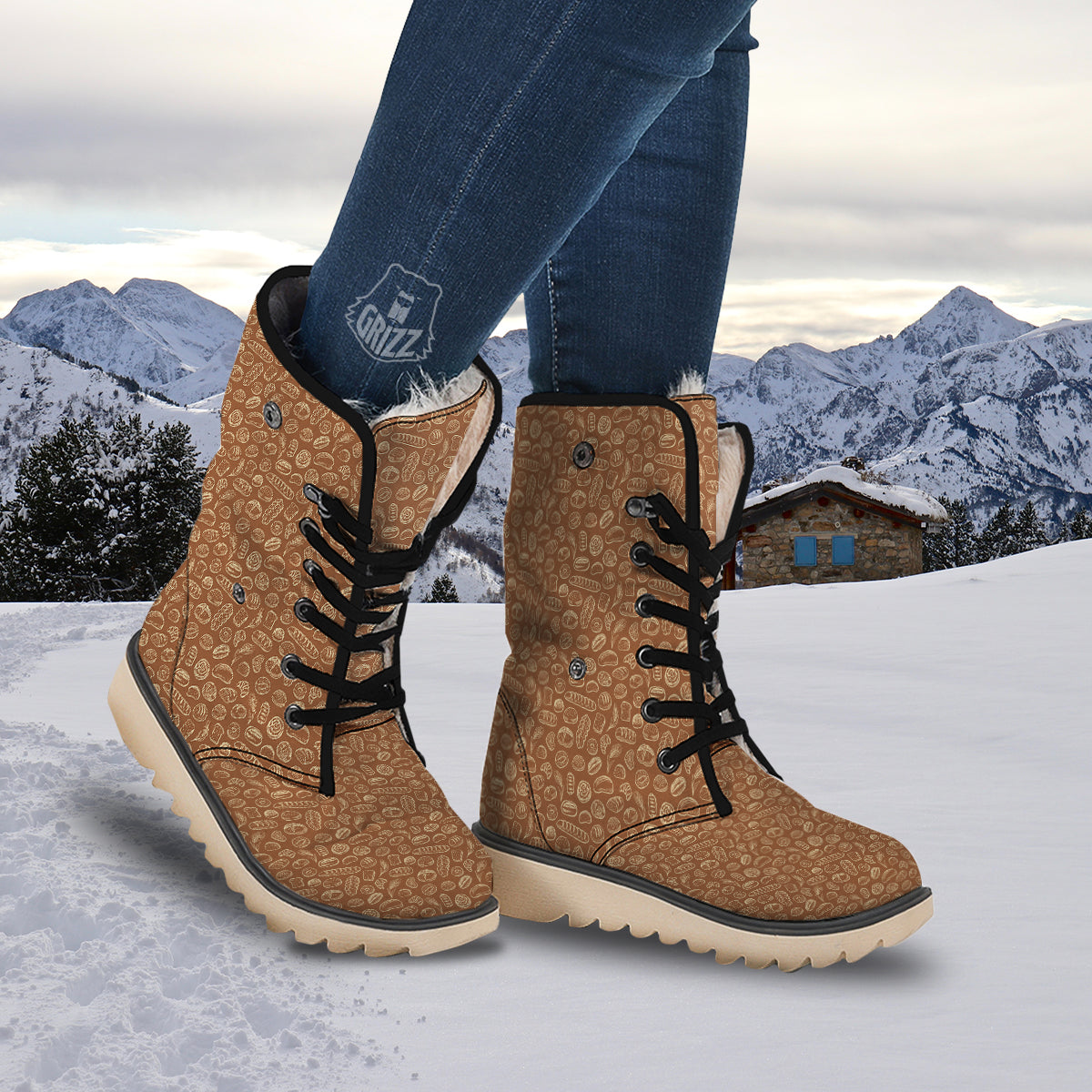 Brown Bakery Beige Print Pattern Snow Boots-grizzshop