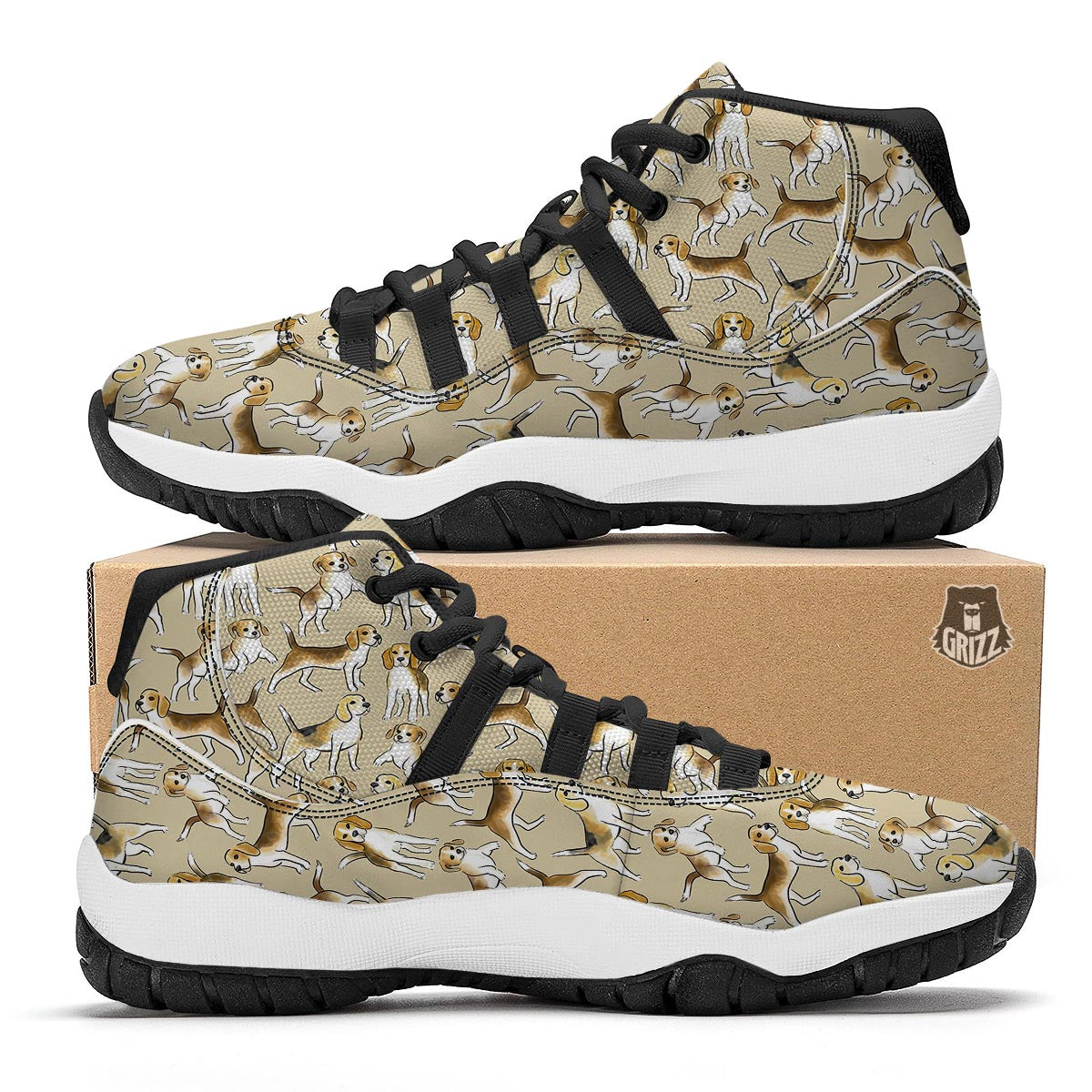 Brown Beagle Paw Pattern Print Black Bball Shoes-grizzshop