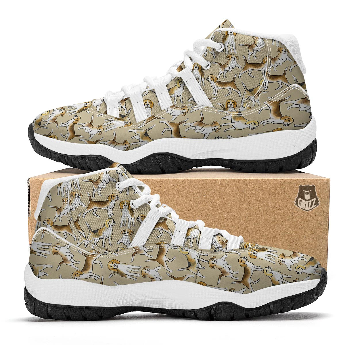 Brown Beagle Paw Pattern Print White Bball Shoes-grizzshop