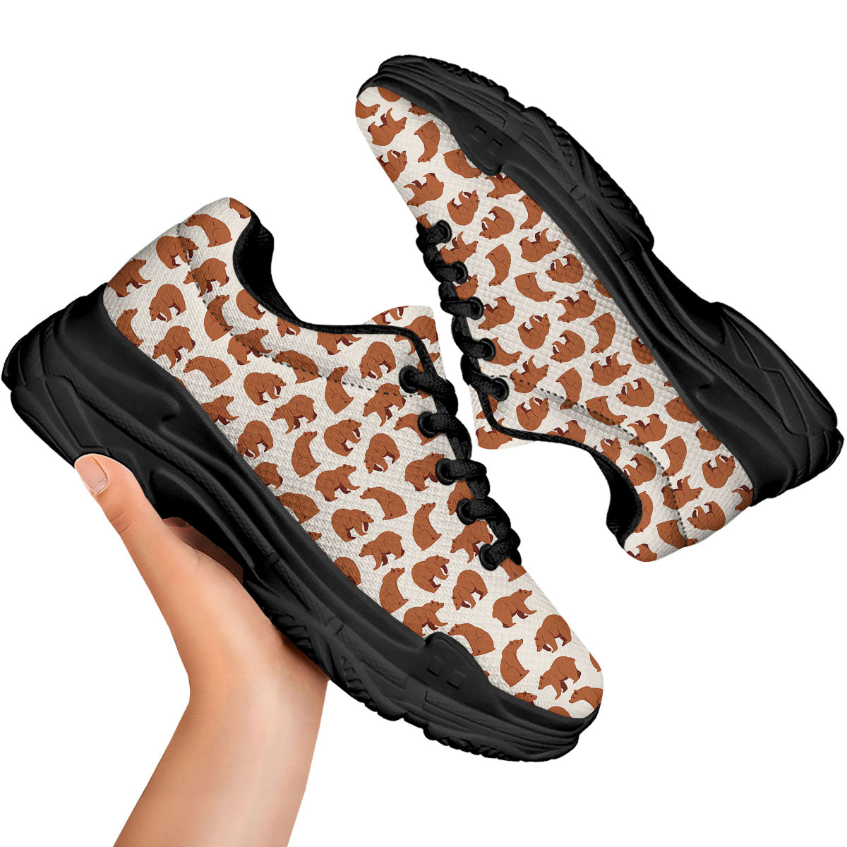 Brown Bear Cute Print Pattern Black Chunky Shoes-grizzshop