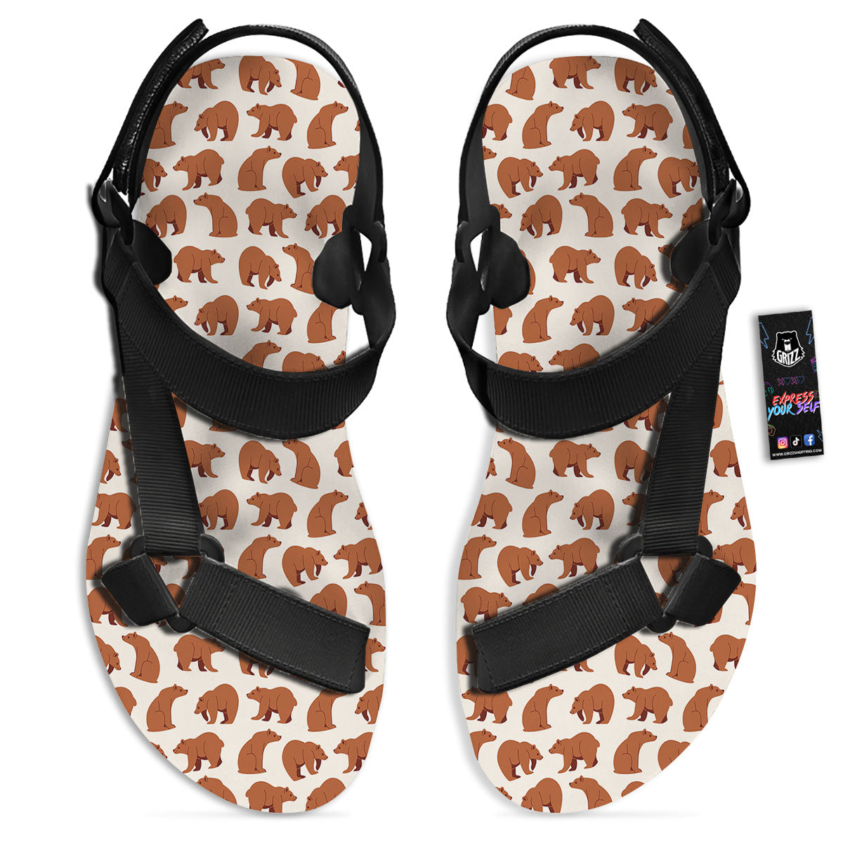 Brown Bear Cute Print Pattern Black Open Toe Sandals-grizzshop