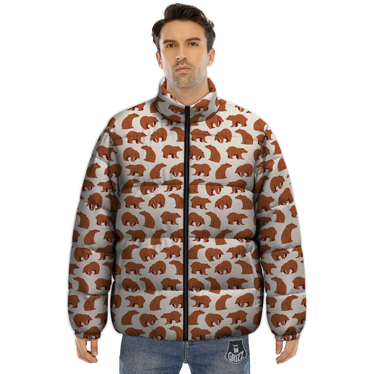 Brown Bear Cute Print Pattern Puffer Jacket-grizzshop