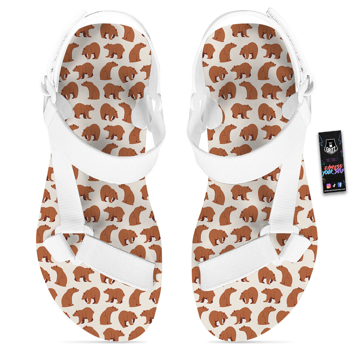 Brown Bear Cute Print Pattern White Open Toe Sandals-grizzshop