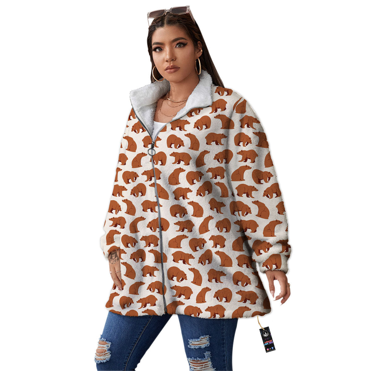 Brown Bear Cute Print Pattern Women's Sherpa Jacket-grizzshop