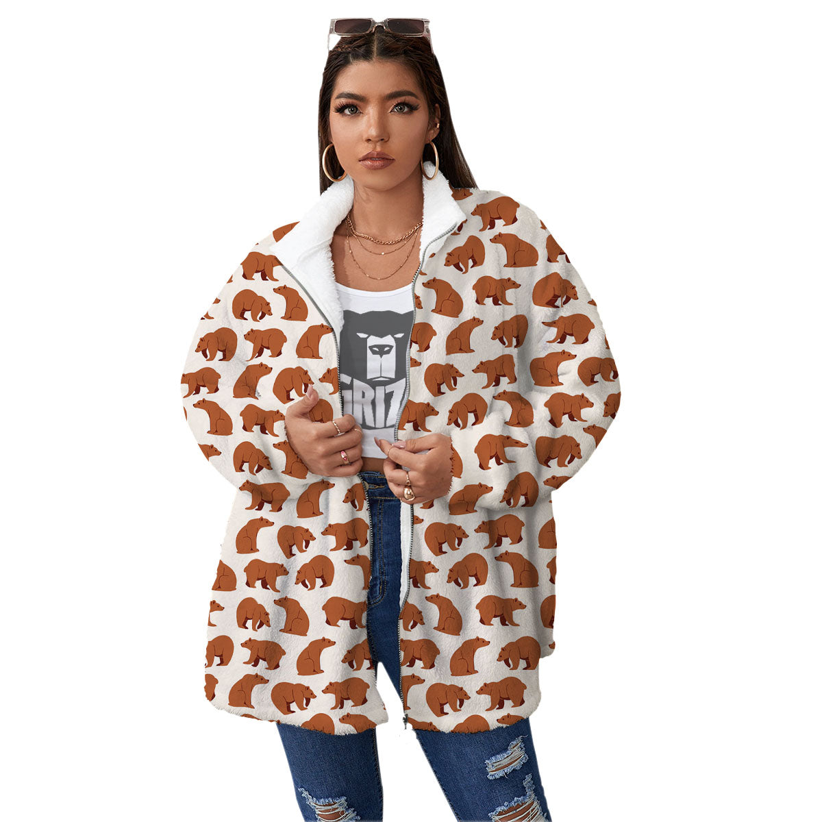 Brown Bear Cute Print Pattern Women's Sherpa Jacket-grizzshop