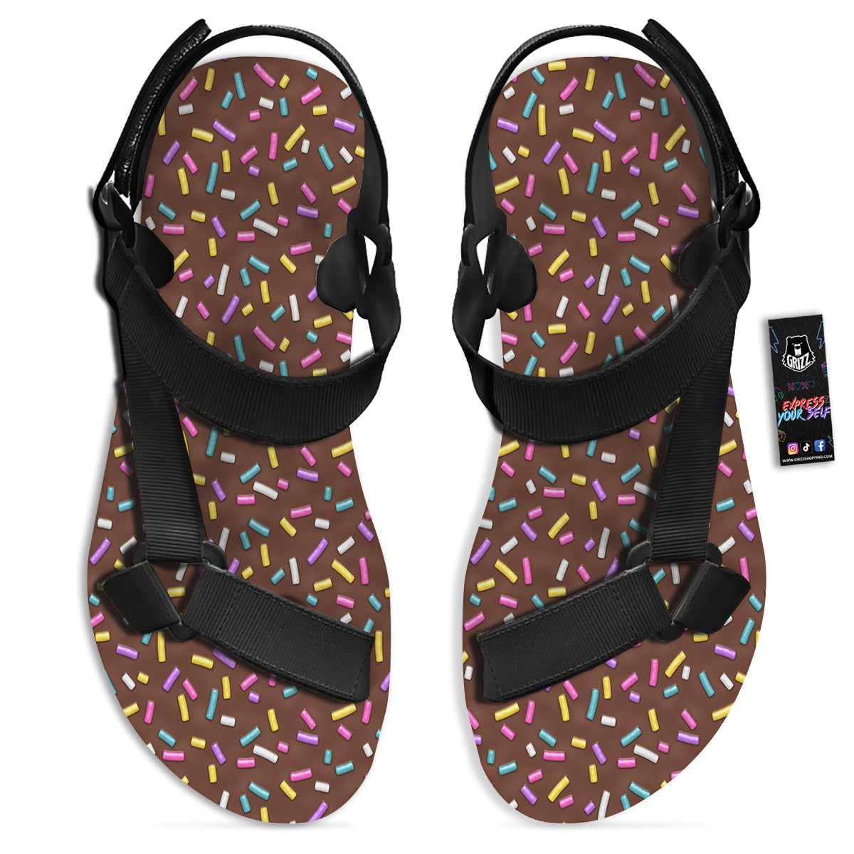Brown Candy Sprinkles Sweet Print Pattern Black Open Toe Sandals-grizzshop