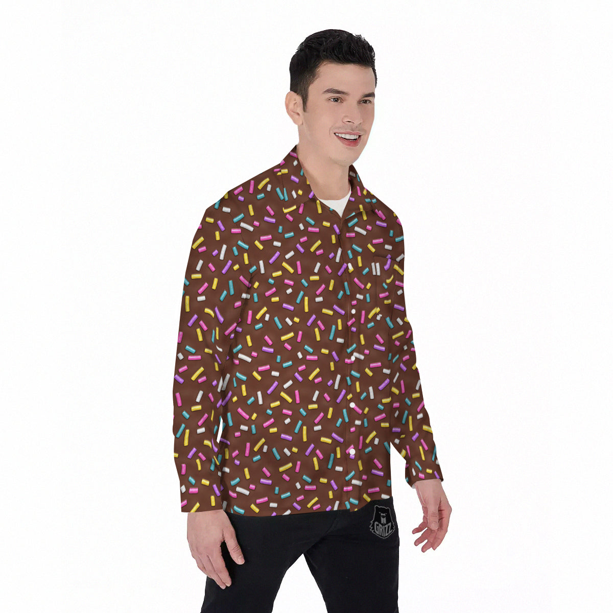Brown Candy Sprinkles Sweet Print Pattern Men's Long Sleeve Shirts-grizzshop