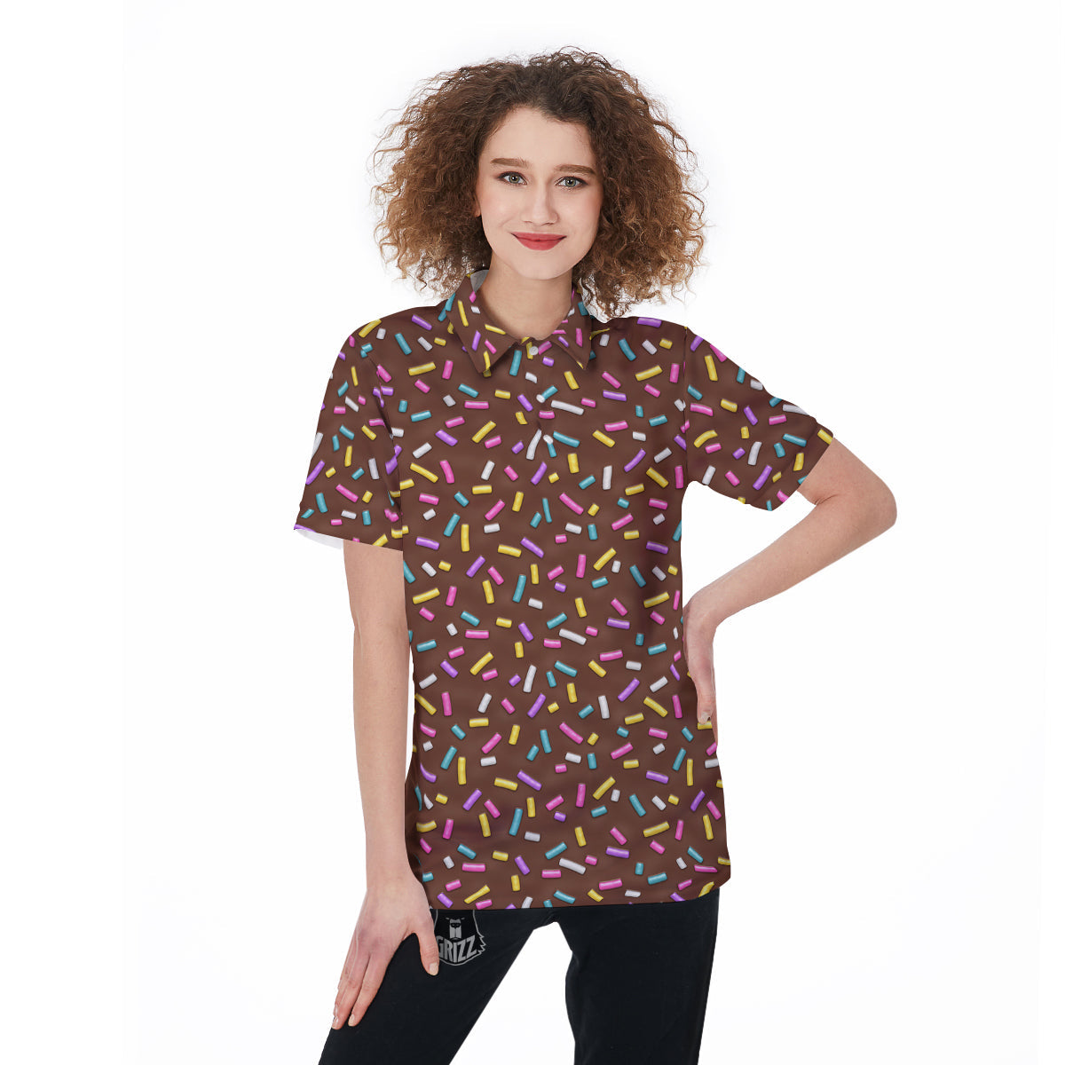 Brown Candy Sprinkles Sweet Print Pattern Women's Golf Shirts-grizzshop