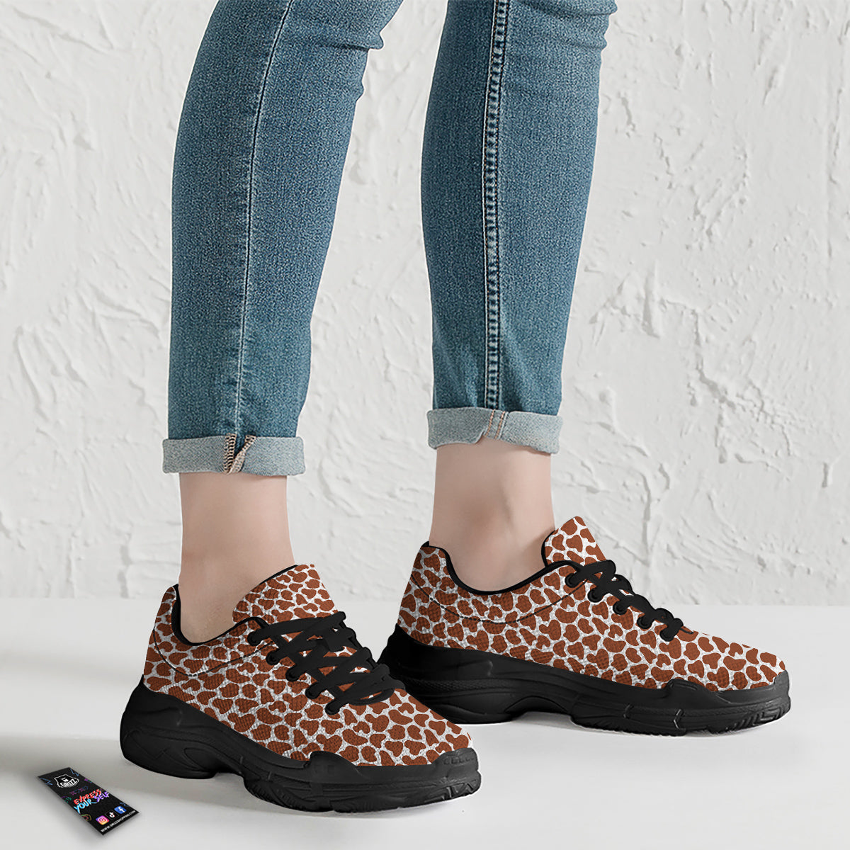 Brown Chocolate And White Cow Print Black Chunky Shoes-grizzshop