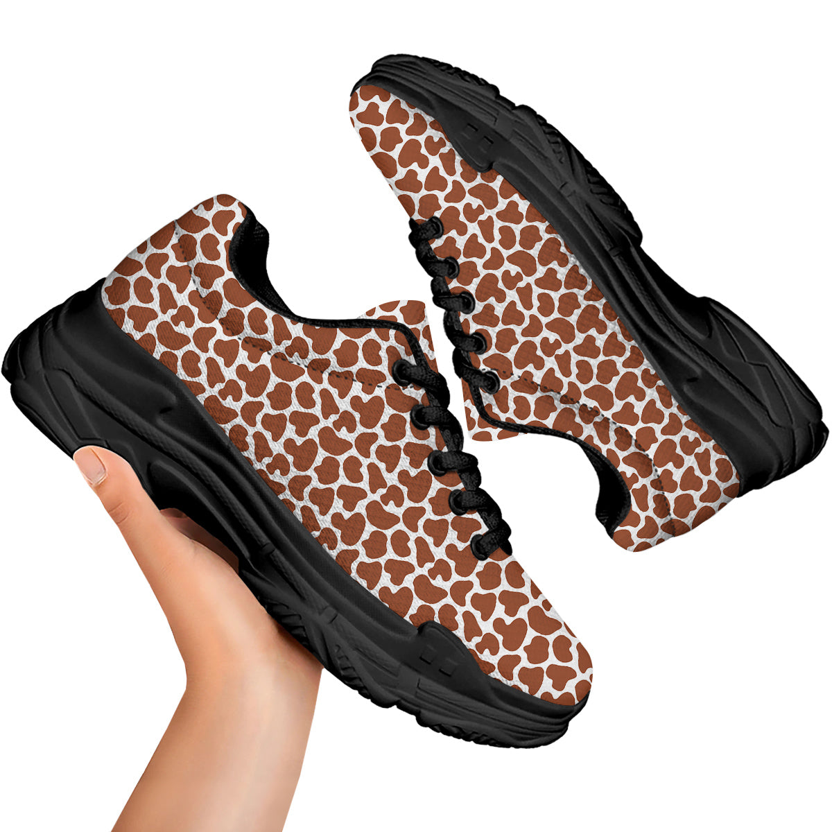 Brown Chocolate And White Cow Print Black Chunky Shoes-grizzshop