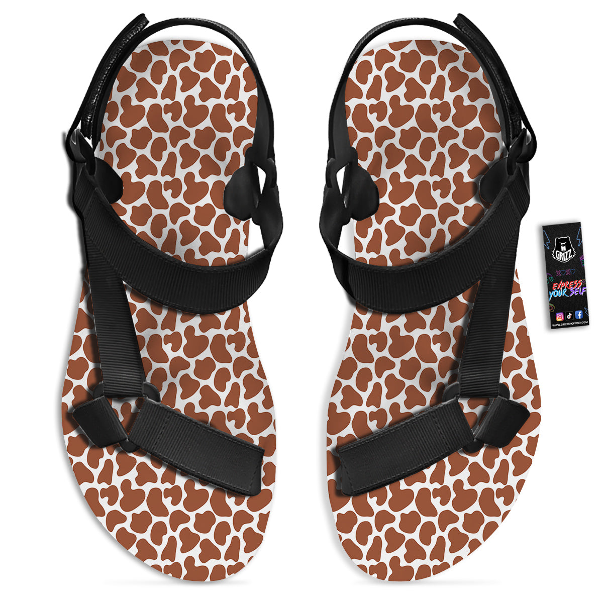 Brown Chocolate And White Cow Print Black Open Toe Sandals-grizzshop