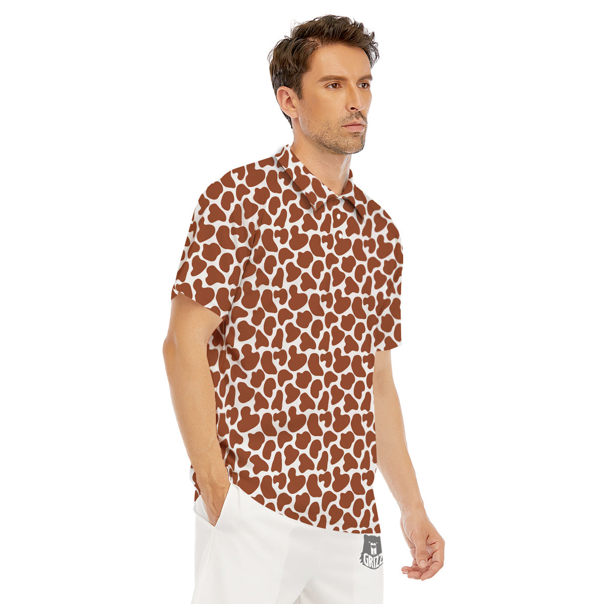 Brown Chocolate And White Cow Print Men's Golf Shirts-grizzshop