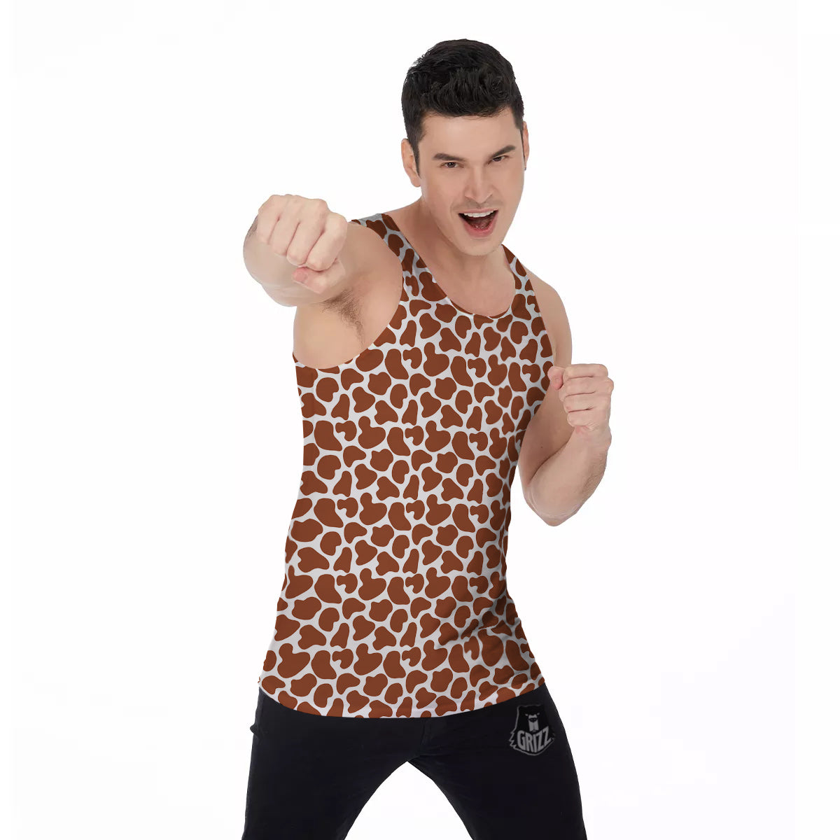 Brown Chocolate And White Cow Print Men's Tank Top-grizzshop