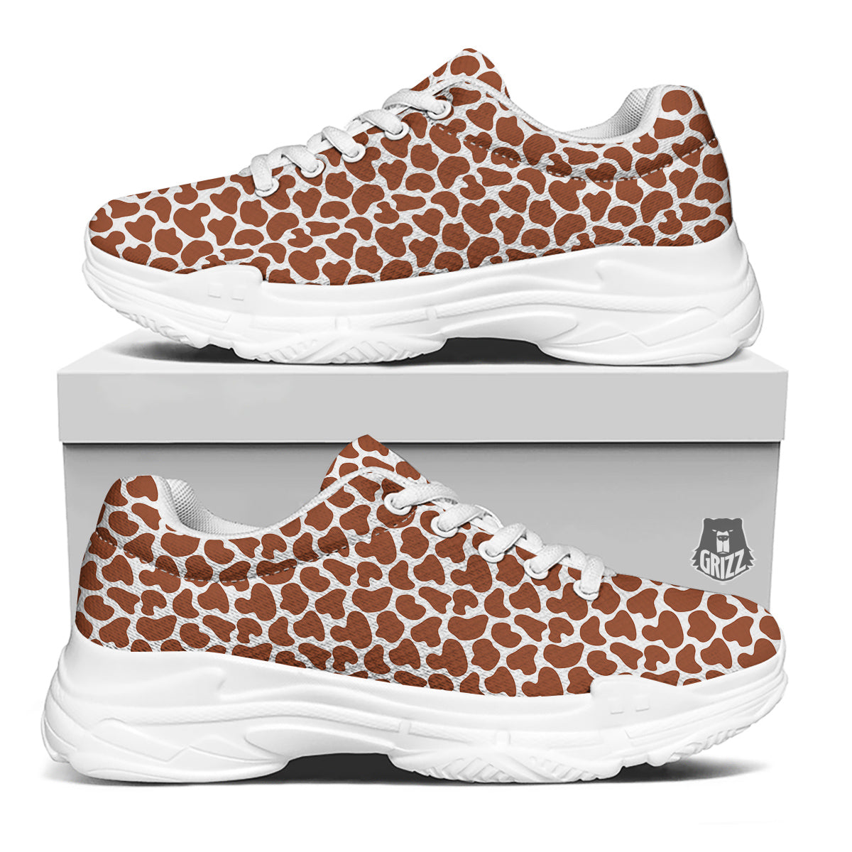 Brown Chocolate And White Cow Print White Chunky Shoes-grizzshop