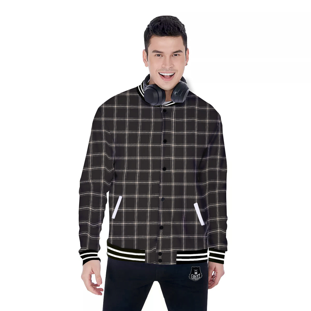 Brown Dark Check Print Pattern Baseball Jacket-grizzshop