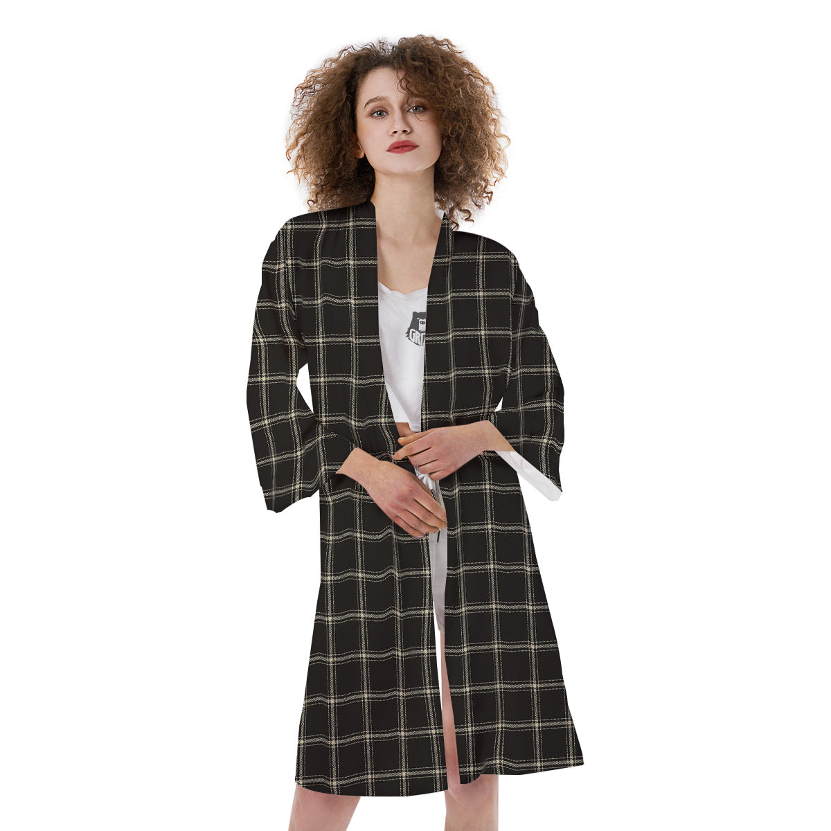 Brown Dark Check Print Pattern Kimono-grizzshop