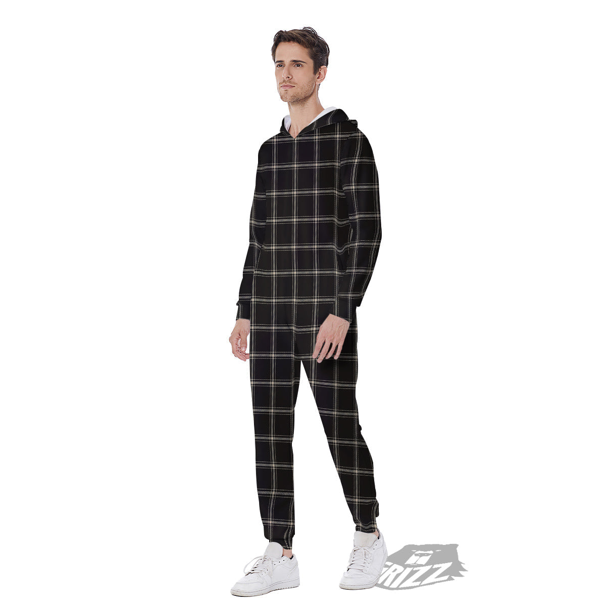 Brown Dark Check Print Pattern Men's Jumpsuit-grizzshop