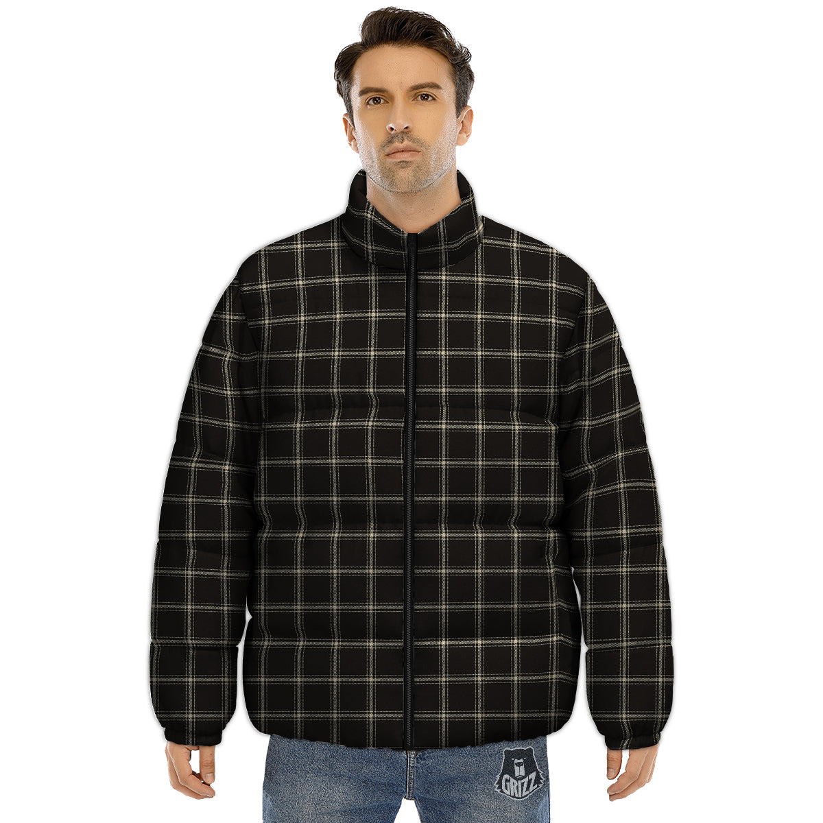 Brown Dark Check Print Pattern Puffer Jacket-grizzshop