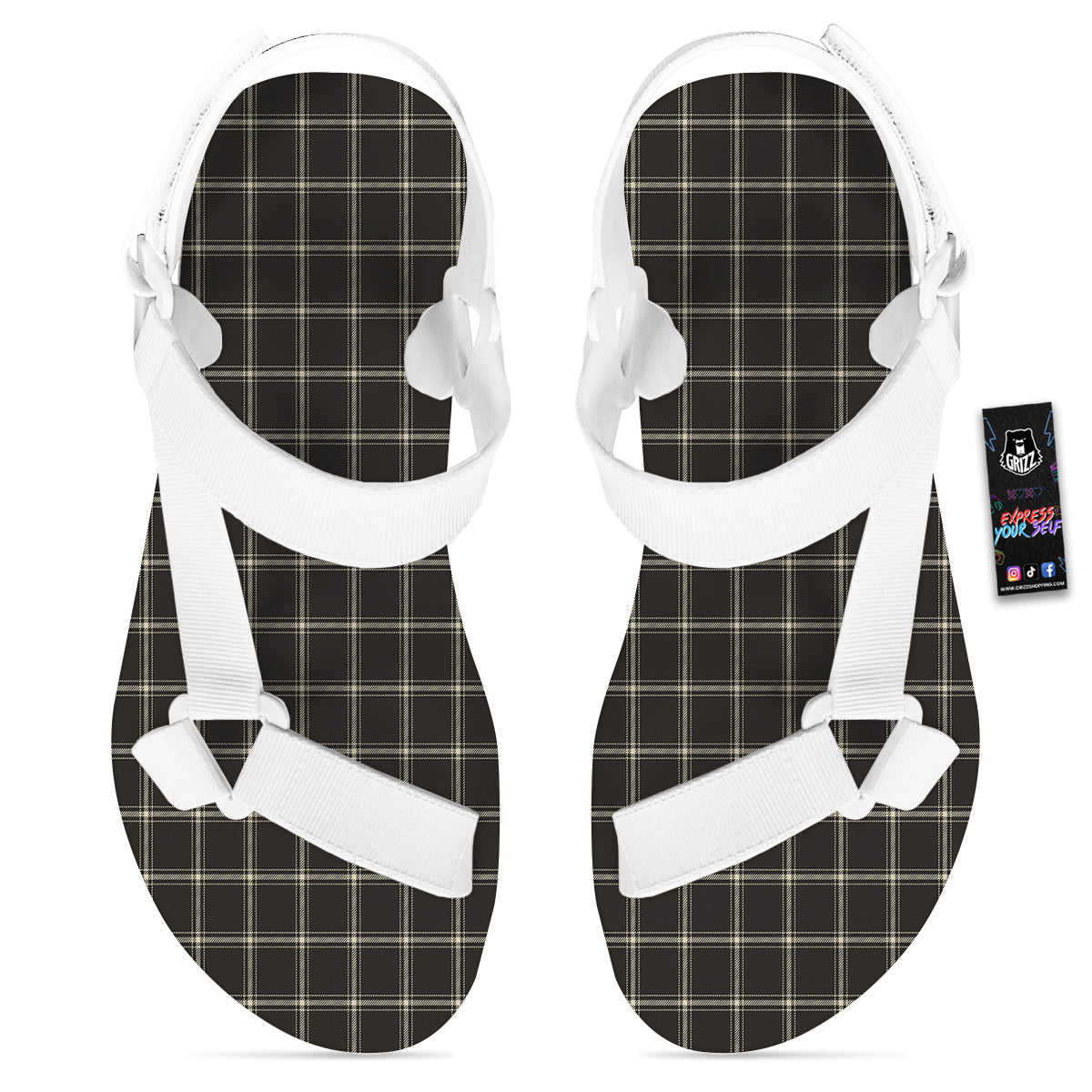 Brown Dark Check Print Pattern White Open Toe Sandals-grizzshop