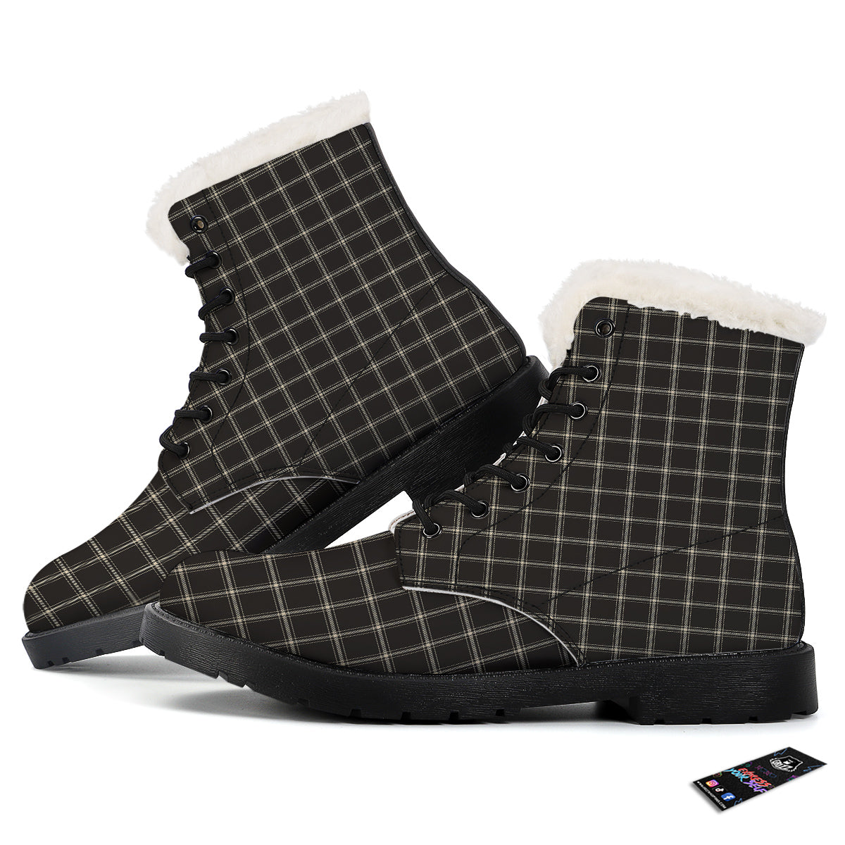 Brown Dark Check Print Pattern Winter Boots-grizzshop