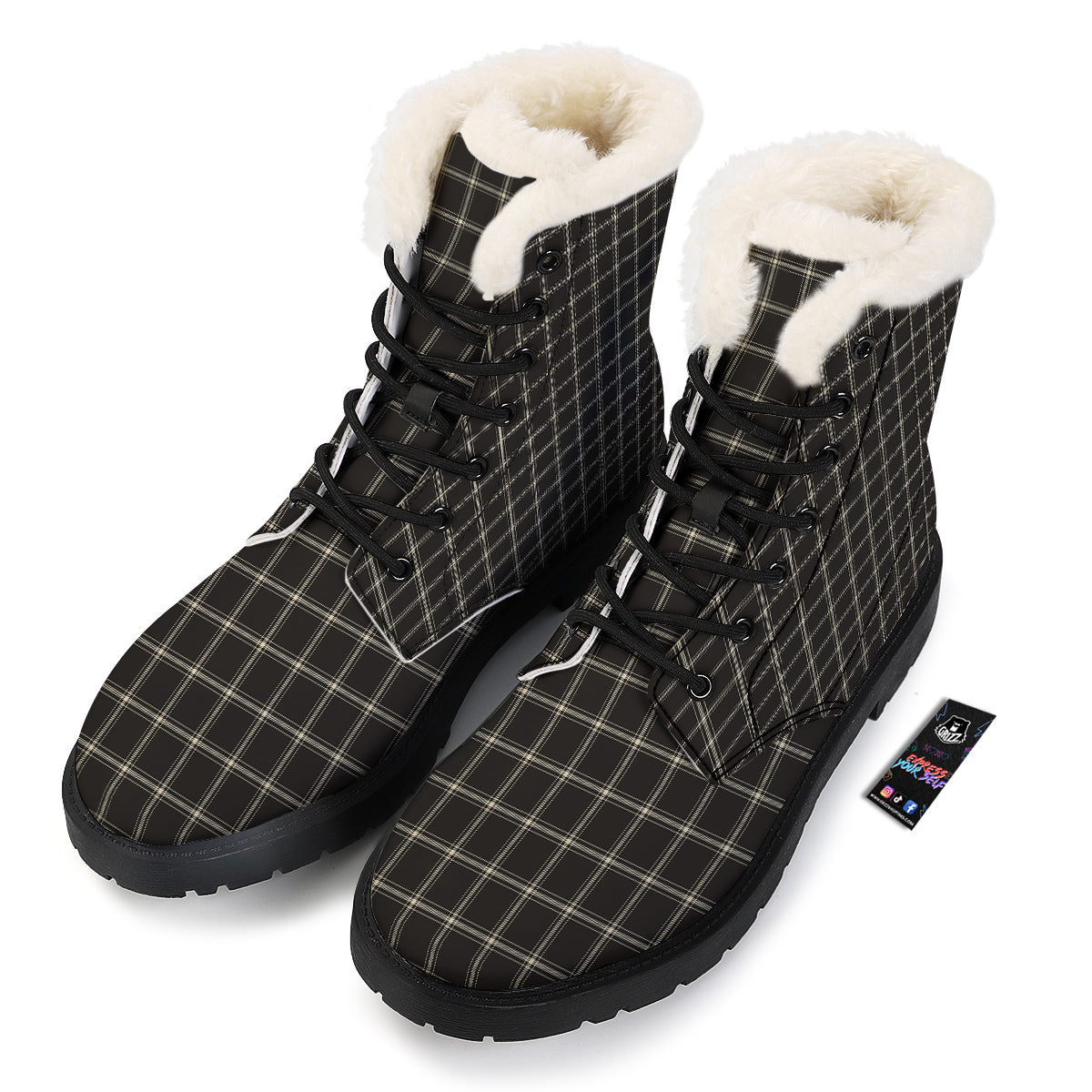 Brown Dark Check Print Pattern Winter Boots-grizzshop