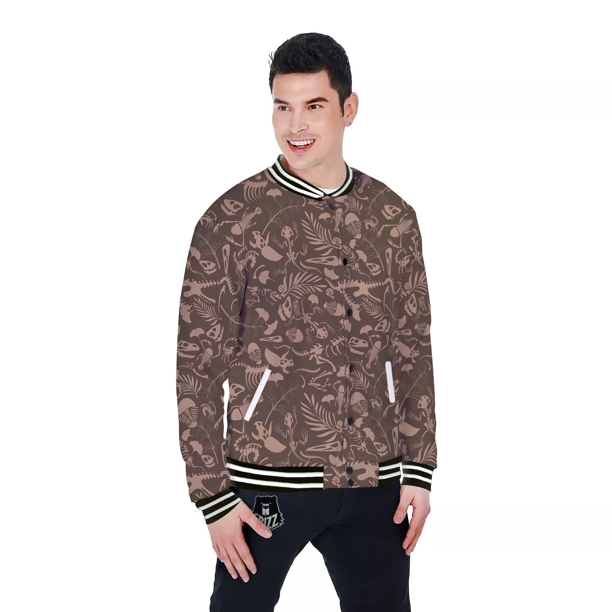 Brown Fossil Print Pattern Baseball Jacket-grizzshop