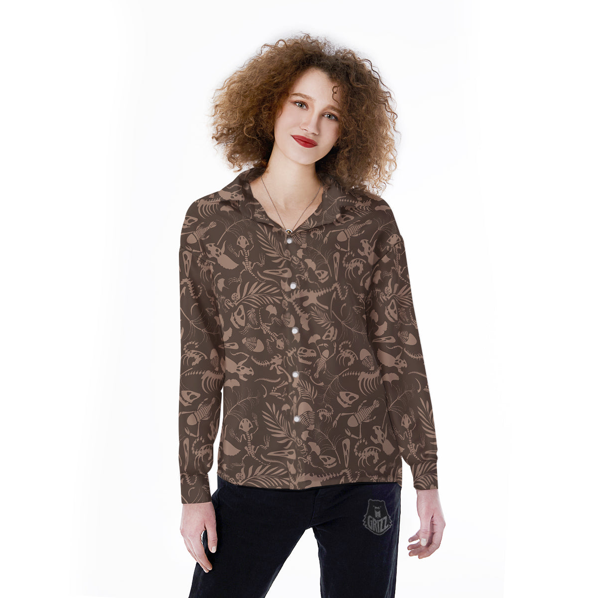 Brown Fossil Print Pattern Women's Long Sleeve Shirts-grizzshop
