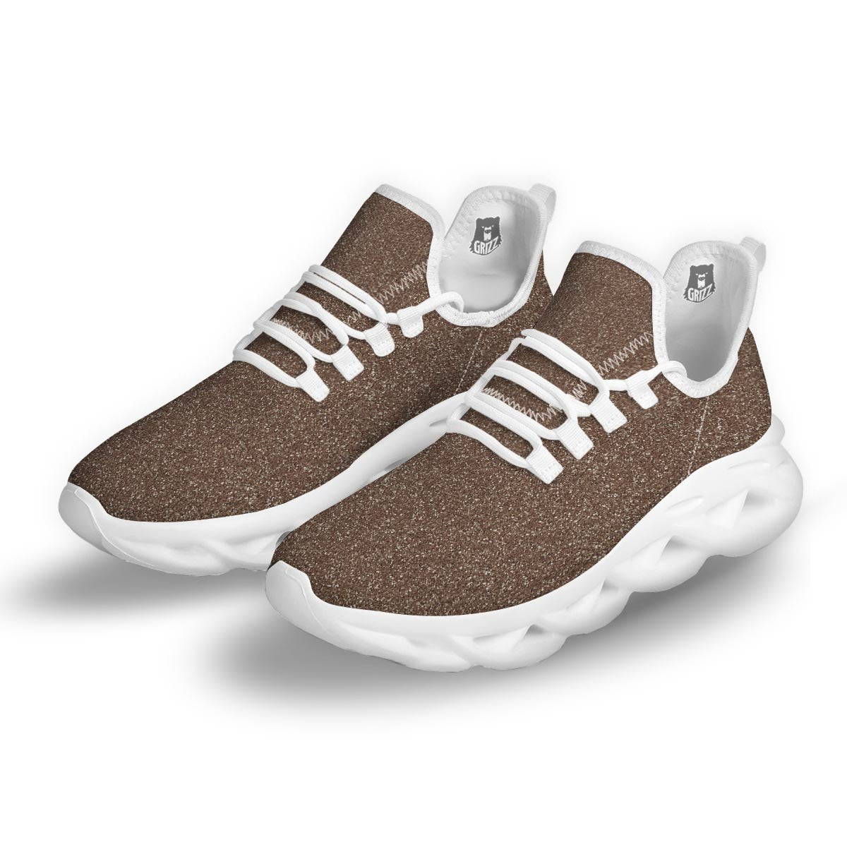 Brown Glitter Artwork Print White Running Shoes-grizzshop