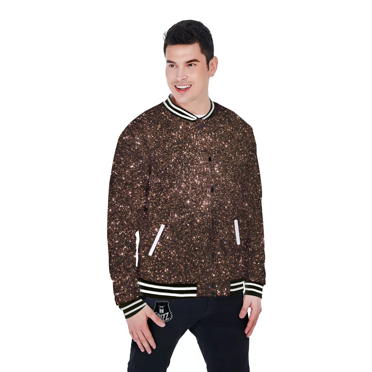 Brown Glitter Print Baseball Jacket-grizzshop