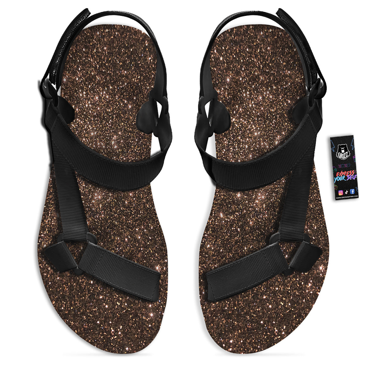 Brown Glitter Print Black Open Toe Sandals-grizzshop