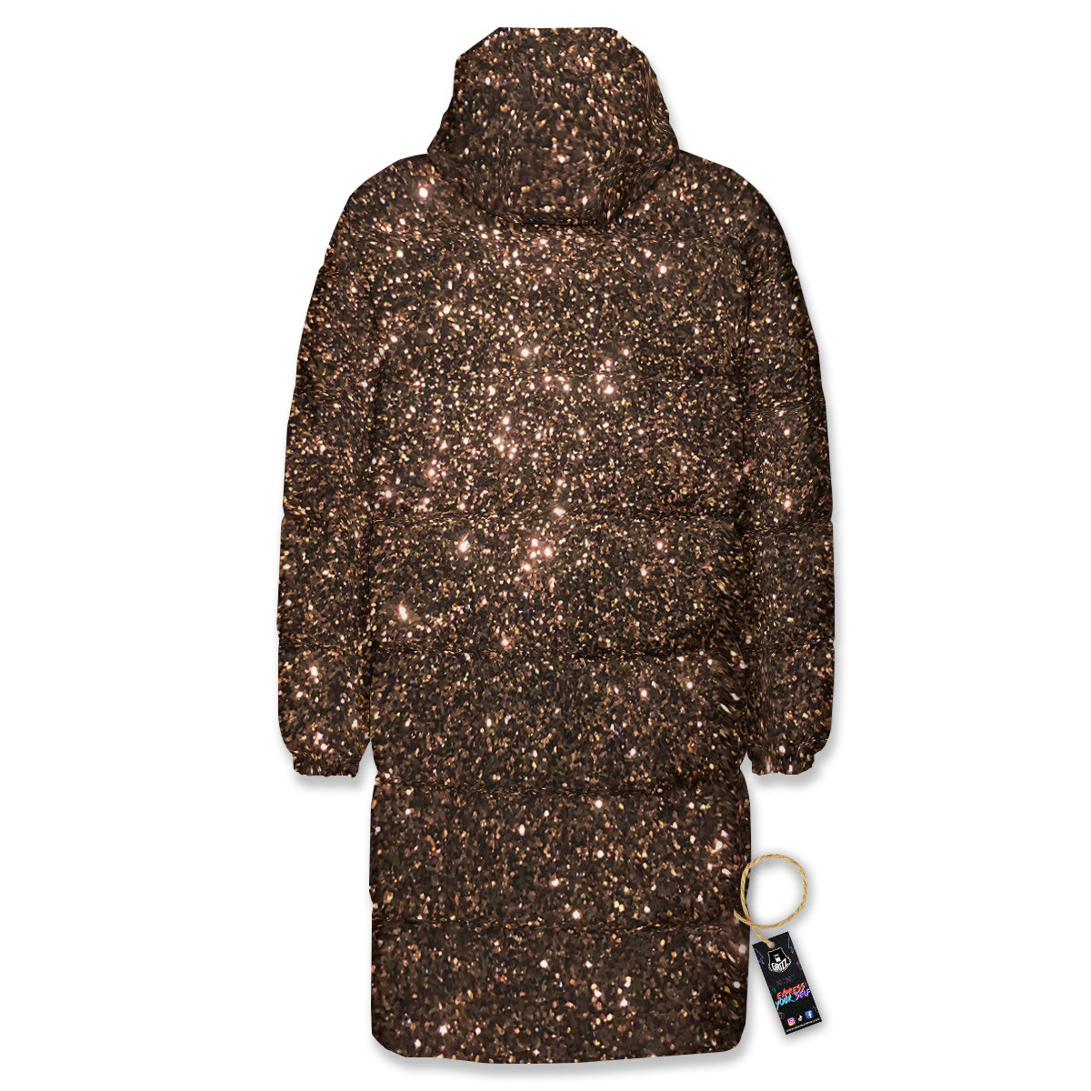 Brown Glitter Print Long Down Jacket-grizzshop