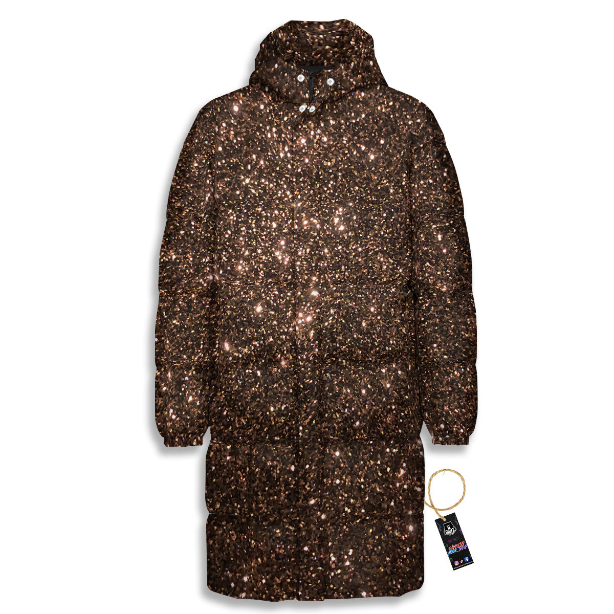 Brown Glitter Print Long Down Jacket-grizzshop