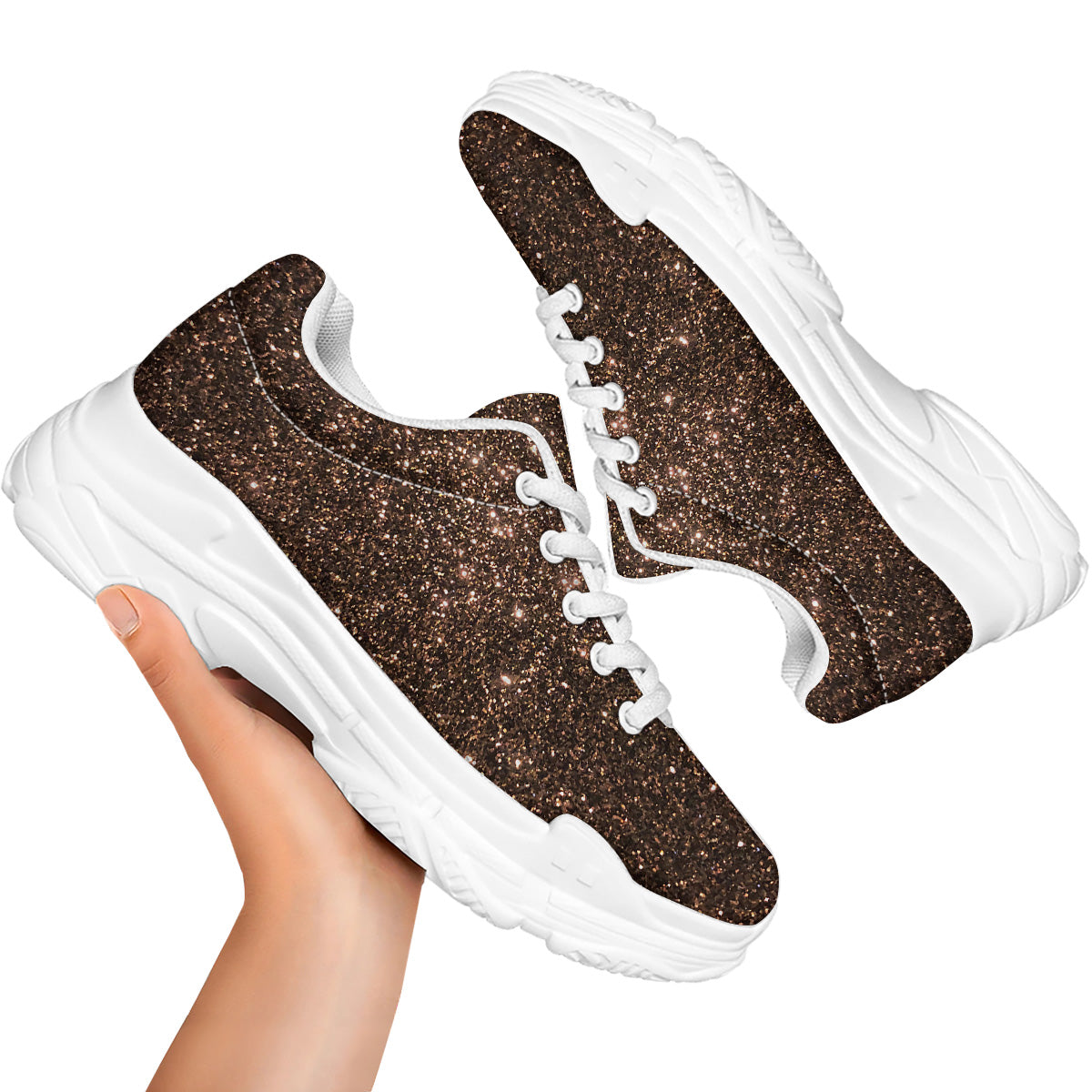 Brown Glitter Print White Chunky Shoes-grizzshop