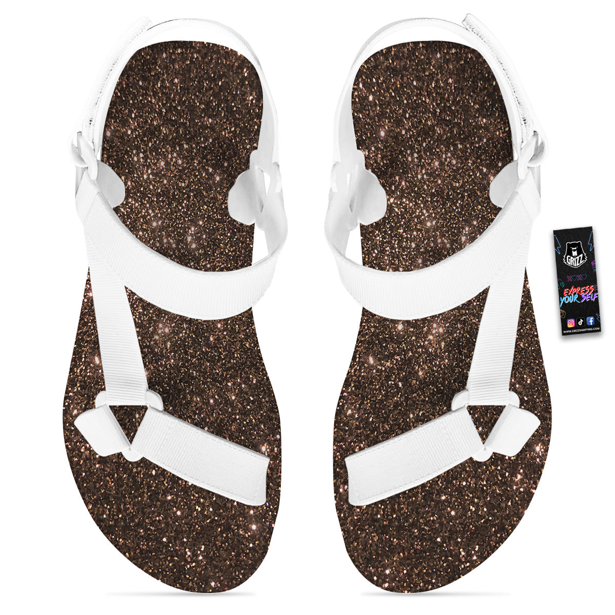 Brown Glitter Print White Open Toe Sandals-grizzshop