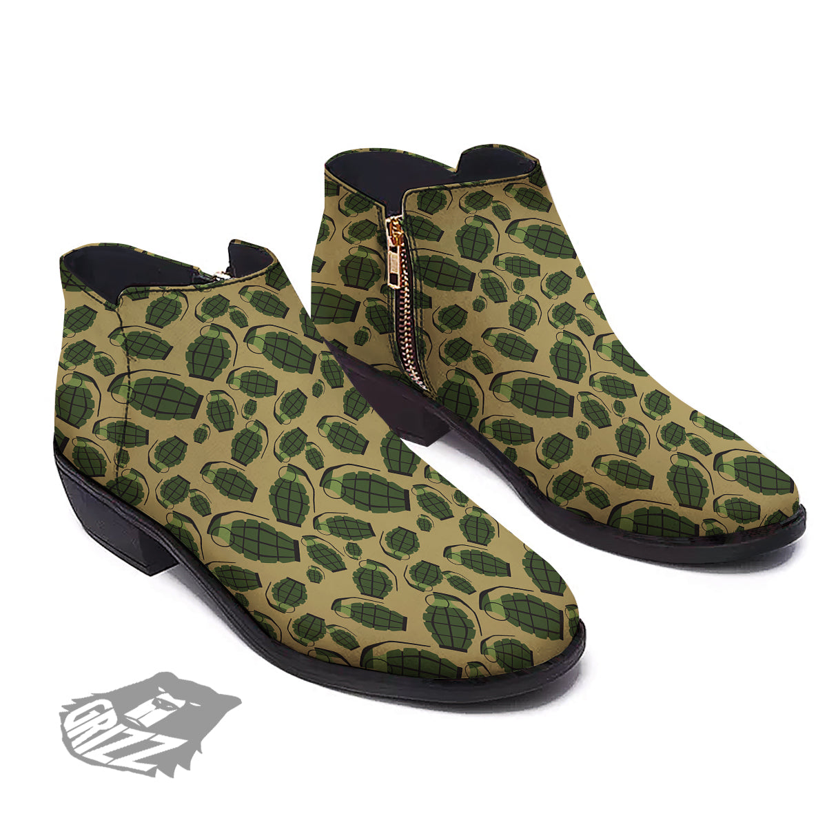 Brown Grenade Print Pattern Ankle Boots-grizzshop