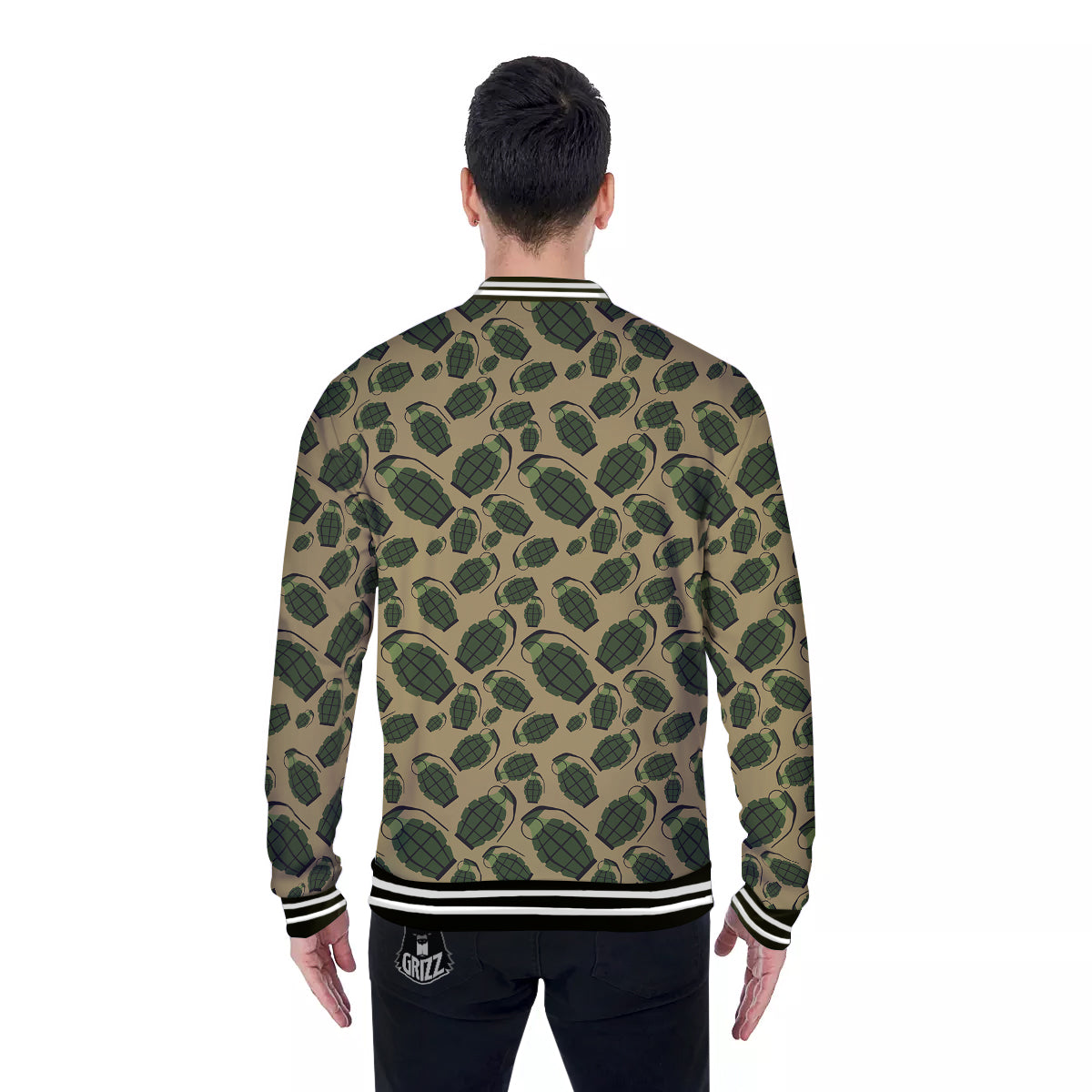 Brown Grenade Print Pattern Baseball Jacket-grizzshop
