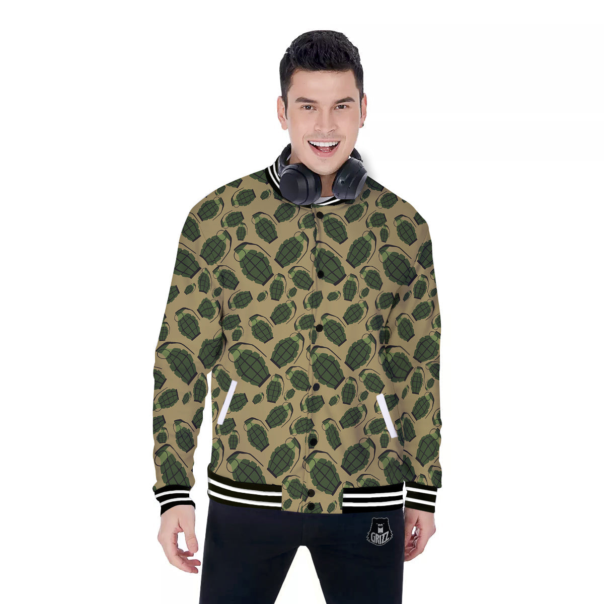 Brown Grenade Print Pattern Baseball Jacket-grizzshop