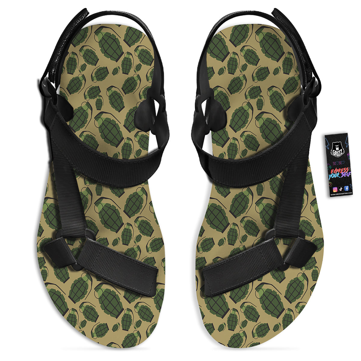 Brown Grenade Print Pattern Black Open Toe Sandals-grizzshop
