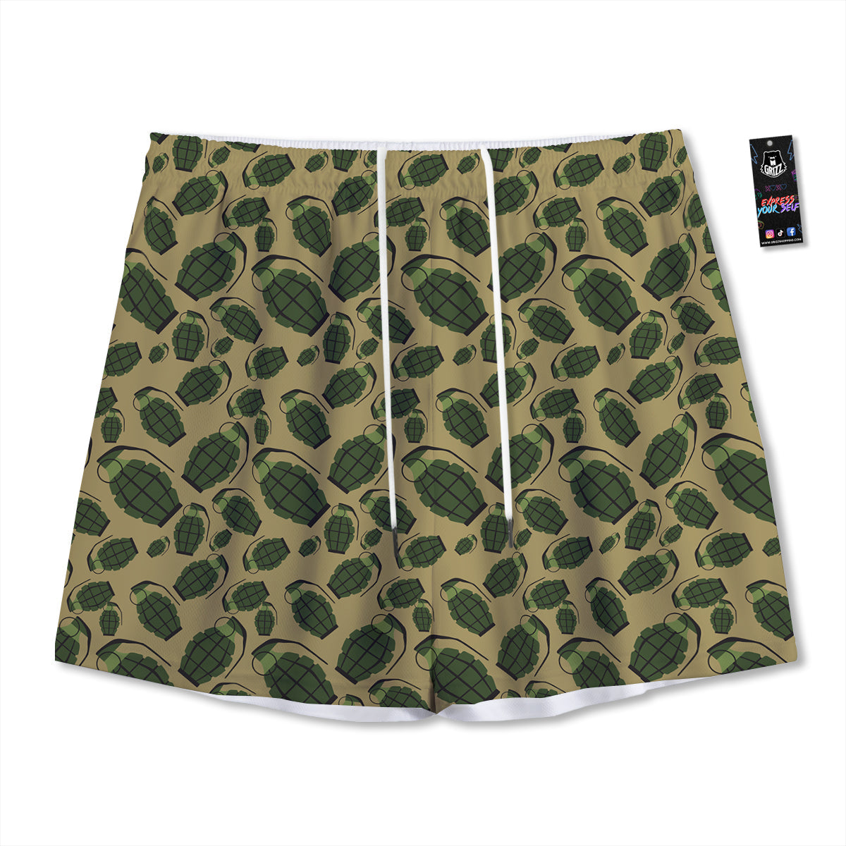 Brown Grenade Print Pattern Mesh Shorts-grizzshop