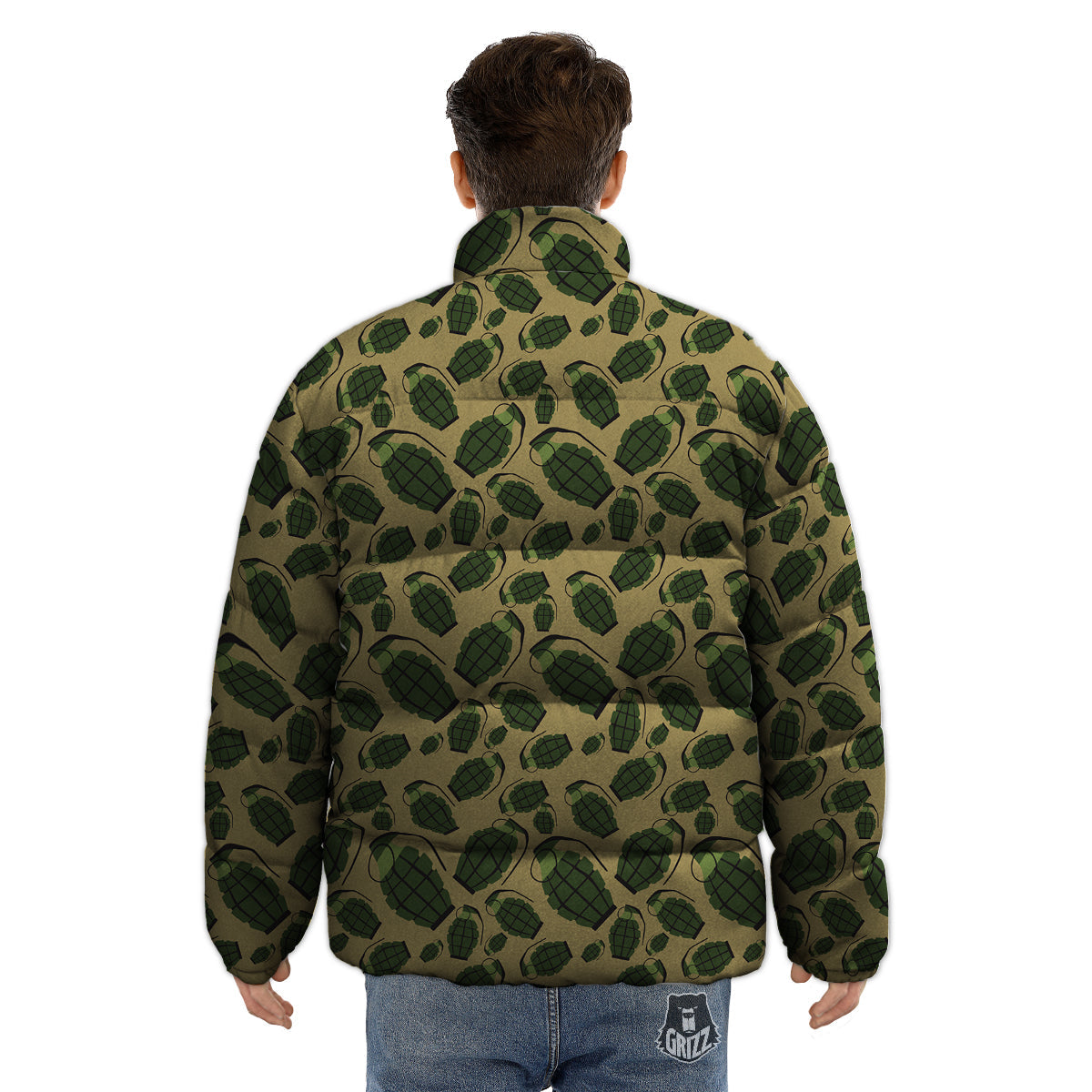 Brown Grenade Print Pattern Puffer Jacket-grizzshop
