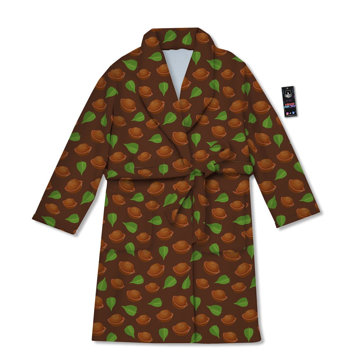 Brown Hazelnuts And Green Leaf Print Pattern Bathrobe-grizzshop