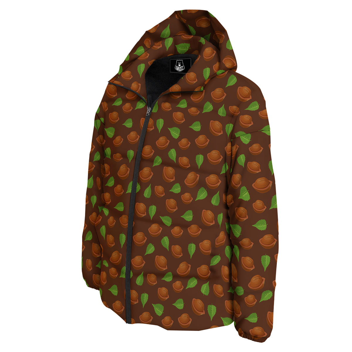 Brown Hazelnuts And Green Leaf Print Pattern Down Jacket-grizzshop