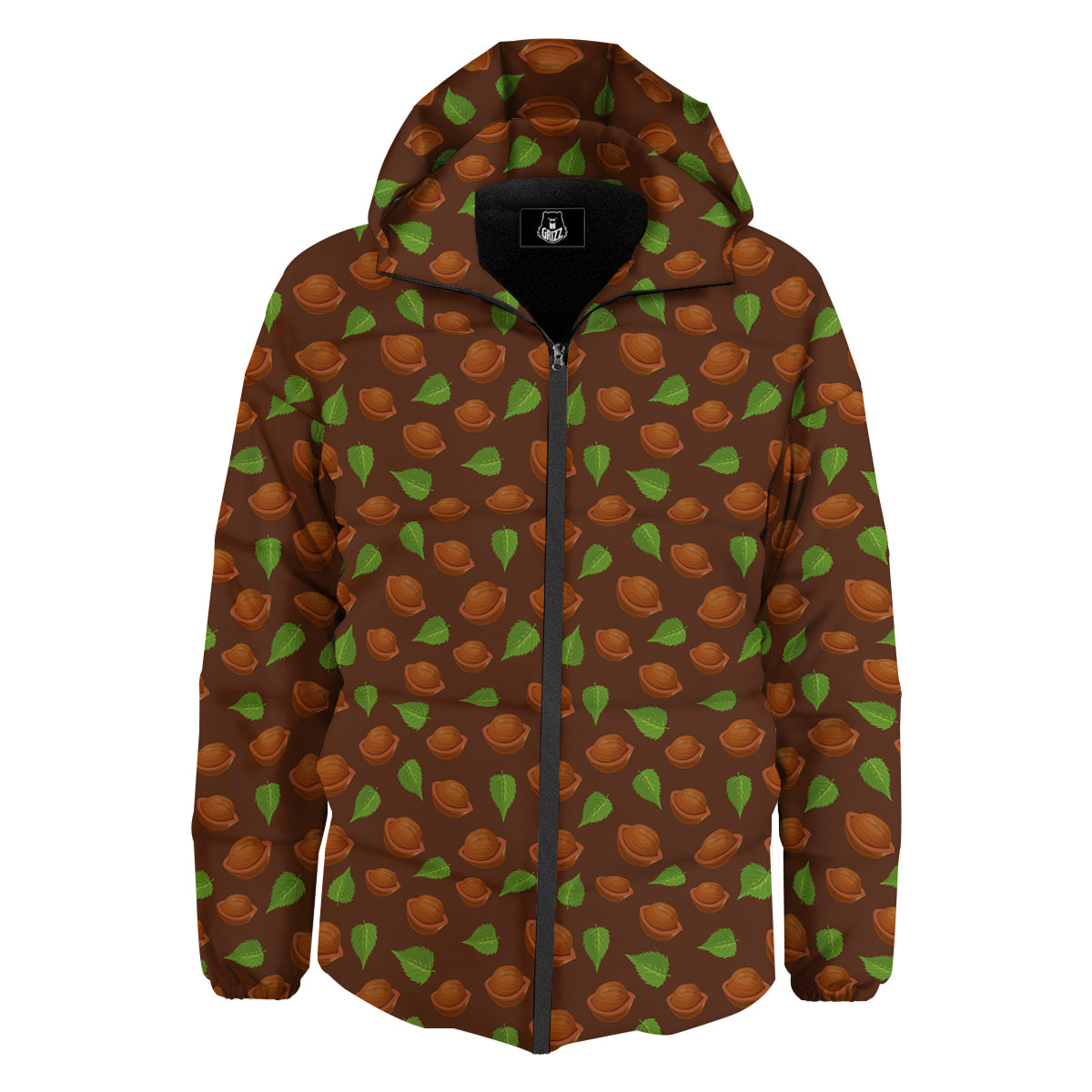 Brown Hazelnuts And Green Leaf Print Pattern Down Jacket-grizzshop