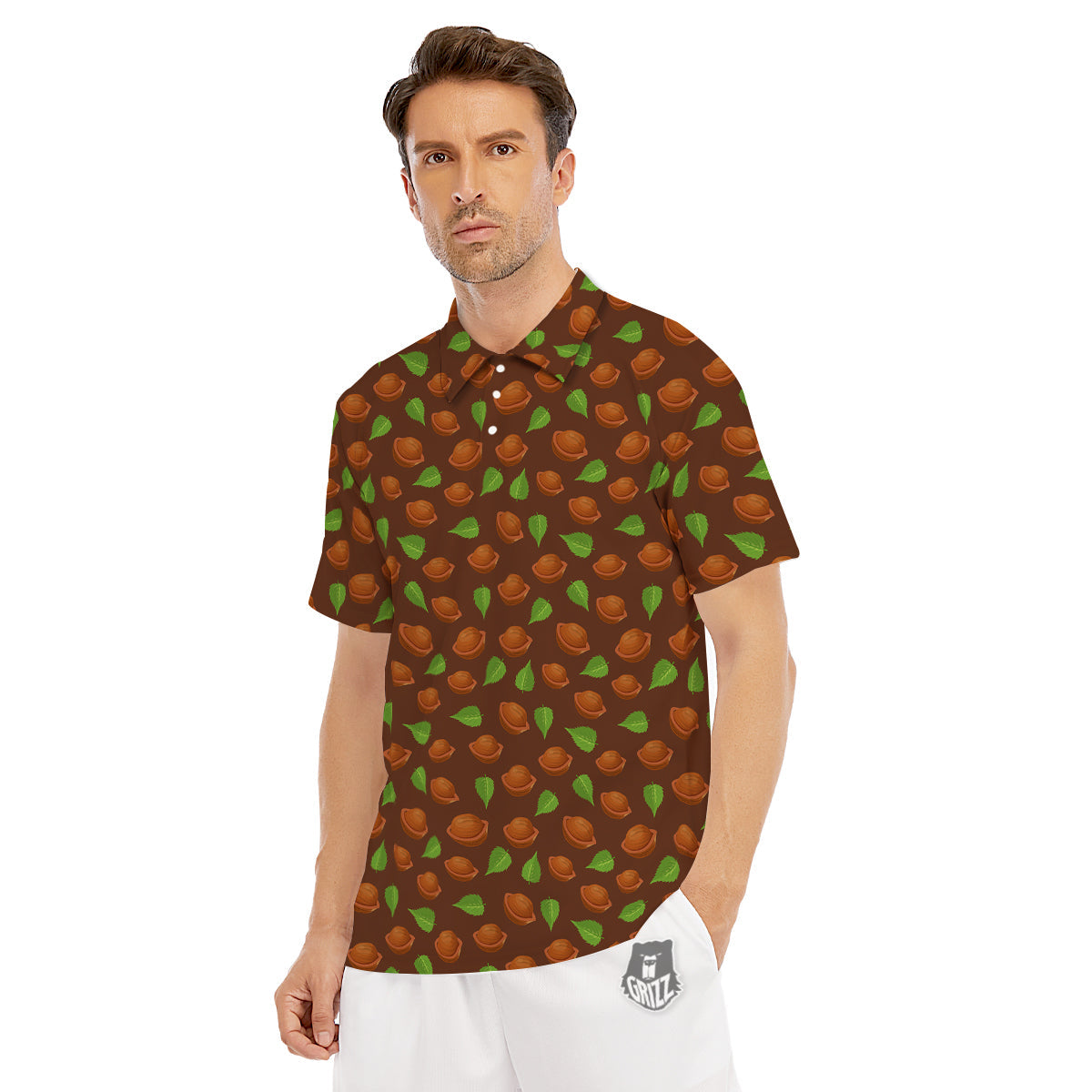 Brown Hazelnuts And Green Leaf Print Pattern Men's Golf Shirts-grizzshop