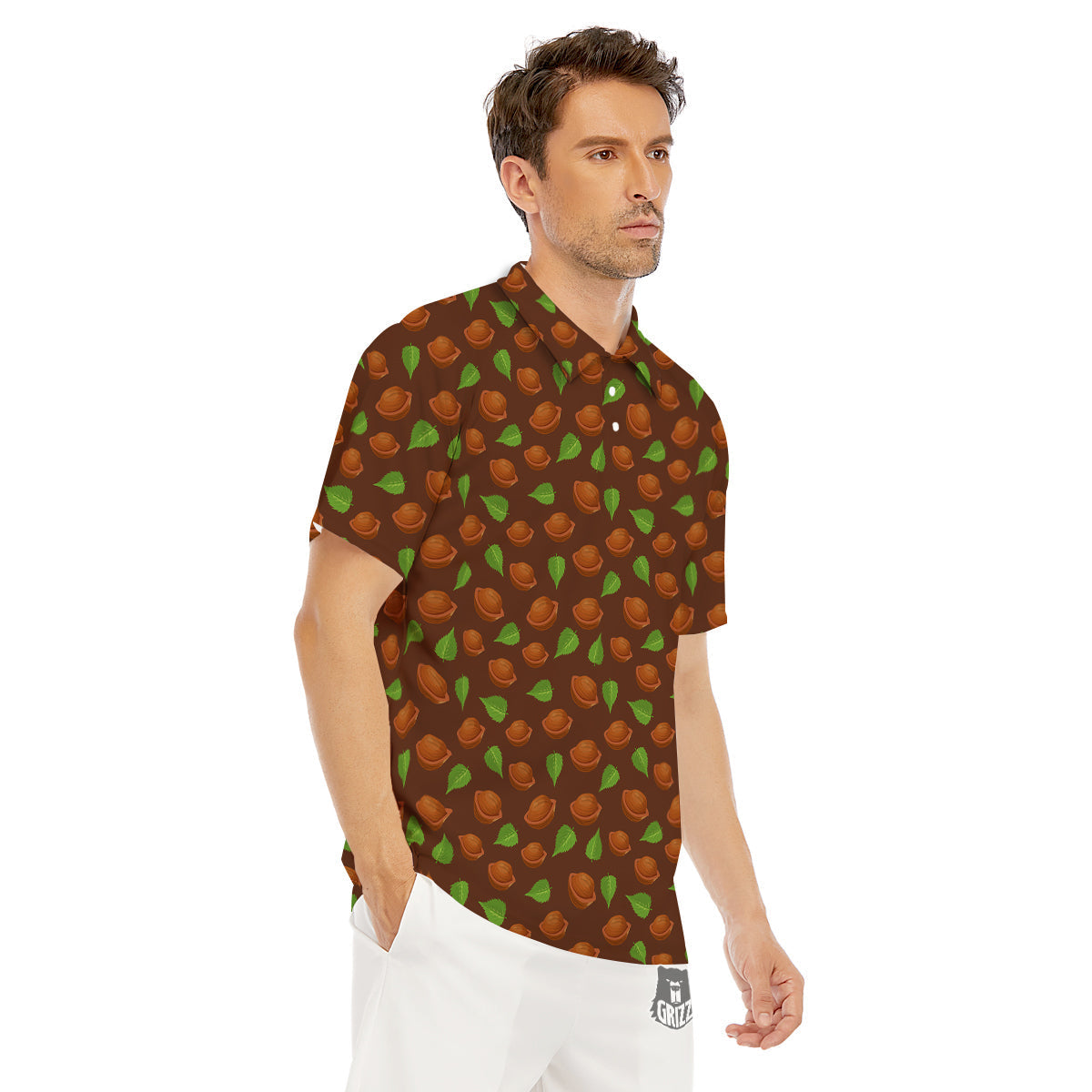 Brown Hazelnuts And Green Leaf Print Pattern Men's Golf Shirts-grizzshop