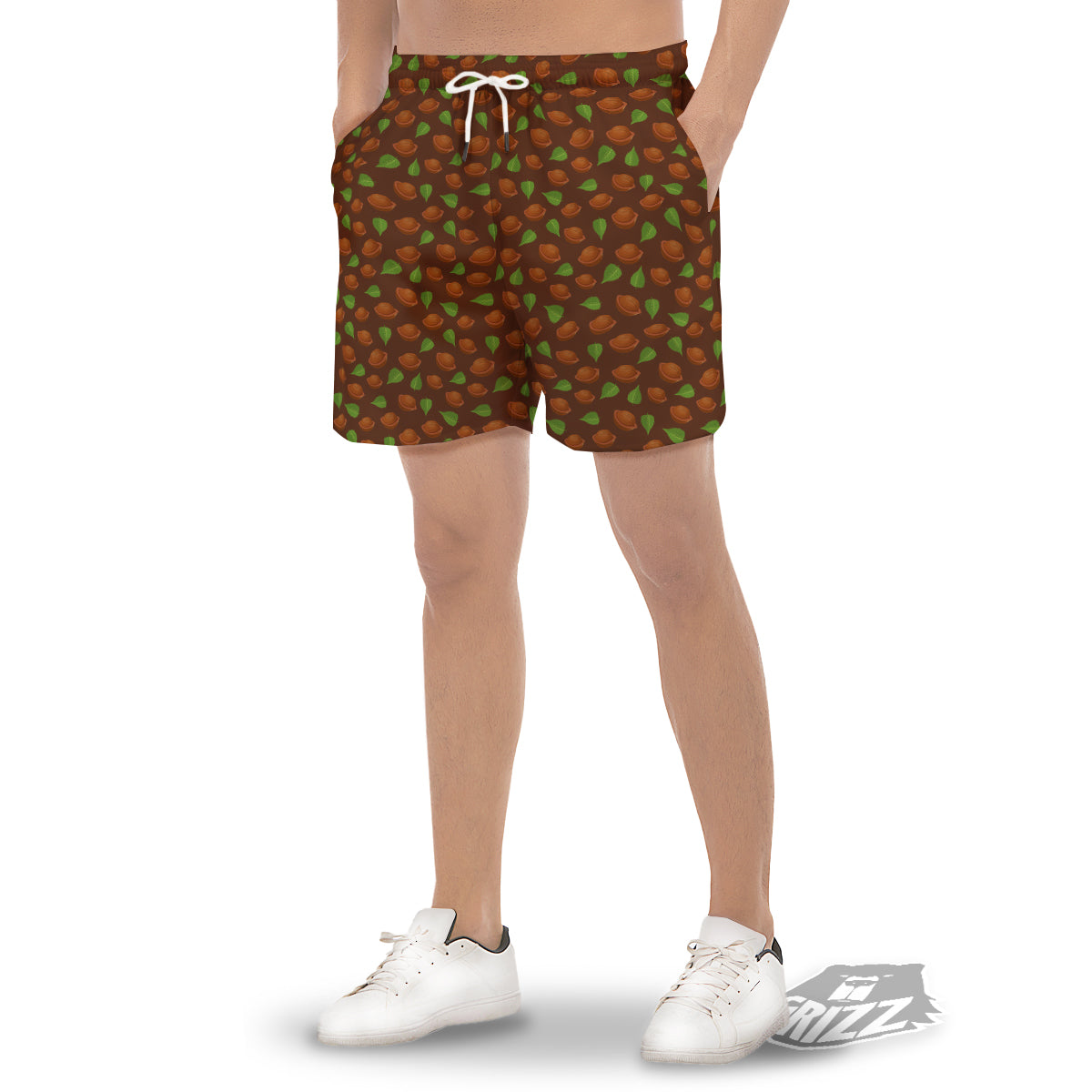 Brown Hazelnuts And Green Leaf Print Pattern Men's Gym Shorts-grizzshop