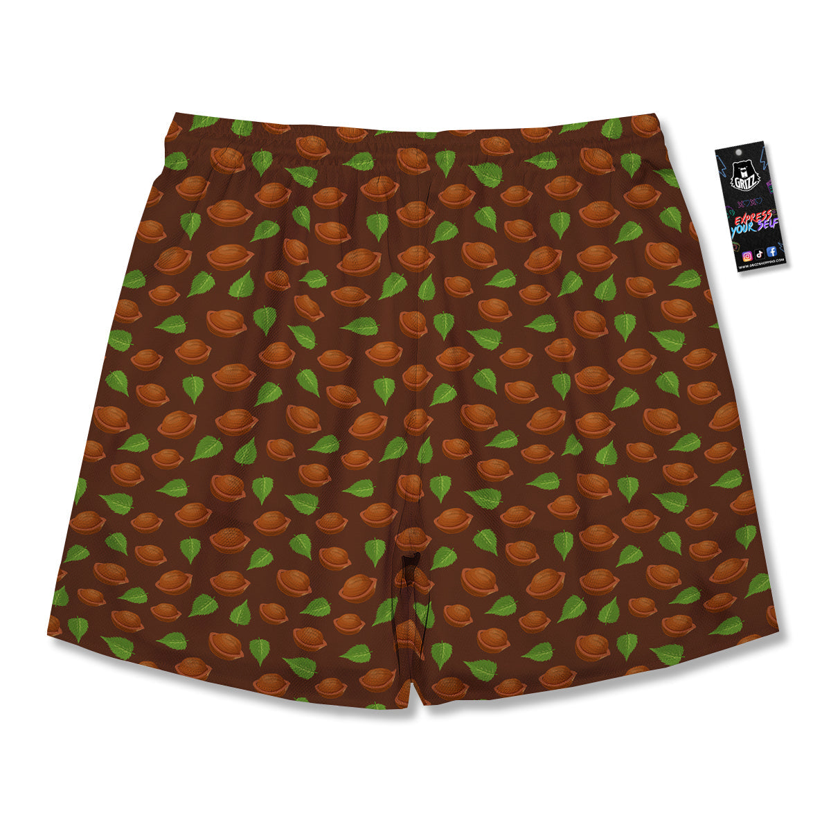 Brown Hazelnuts And Green Leaf Print Pattern Men's Running Shorts-grizzshop